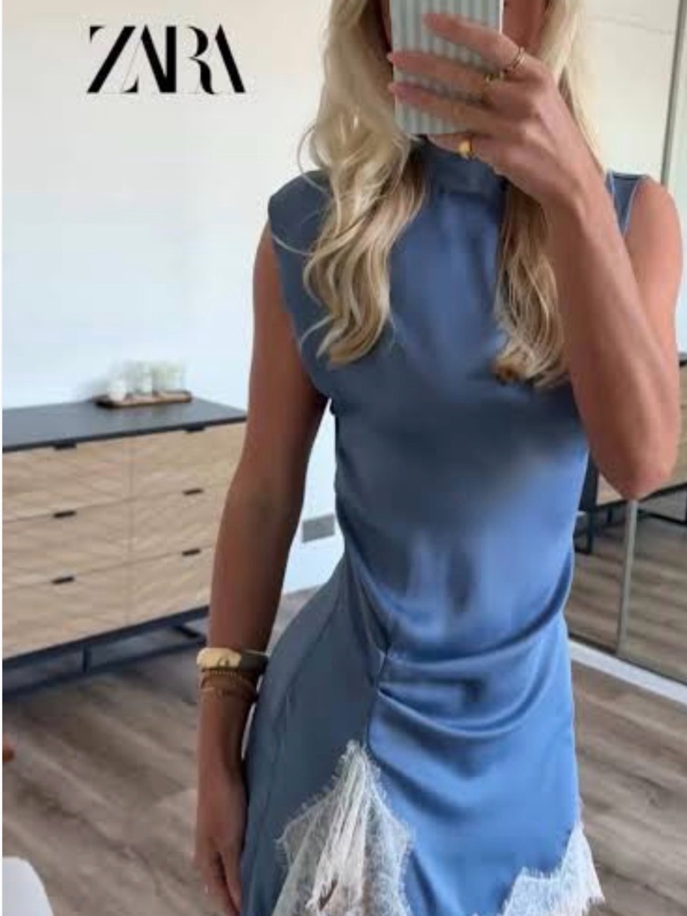 ZARA Slate Blue Sleeveless Satin Mini Dress with Lace Hem